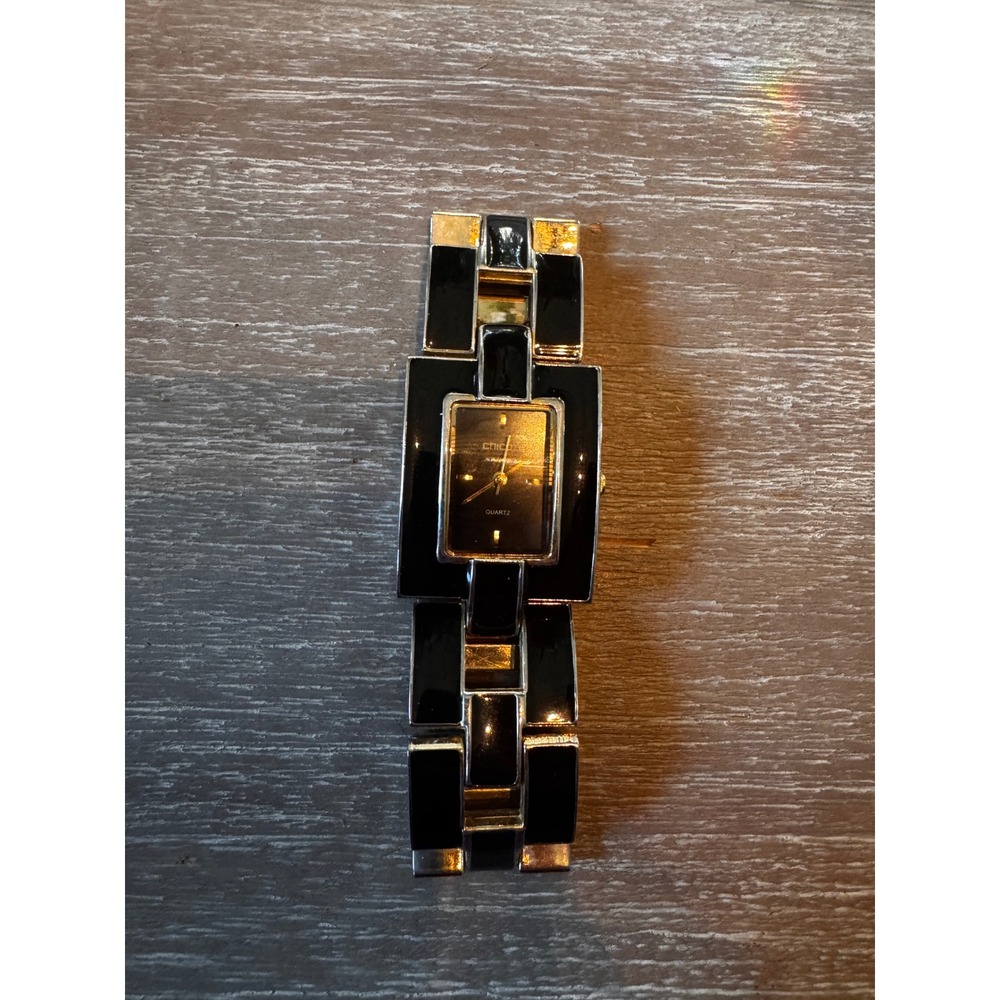Chicos Black‎ Gold Tone Quartz Watch Elegant Rectangle Chic Womens Jewelry
